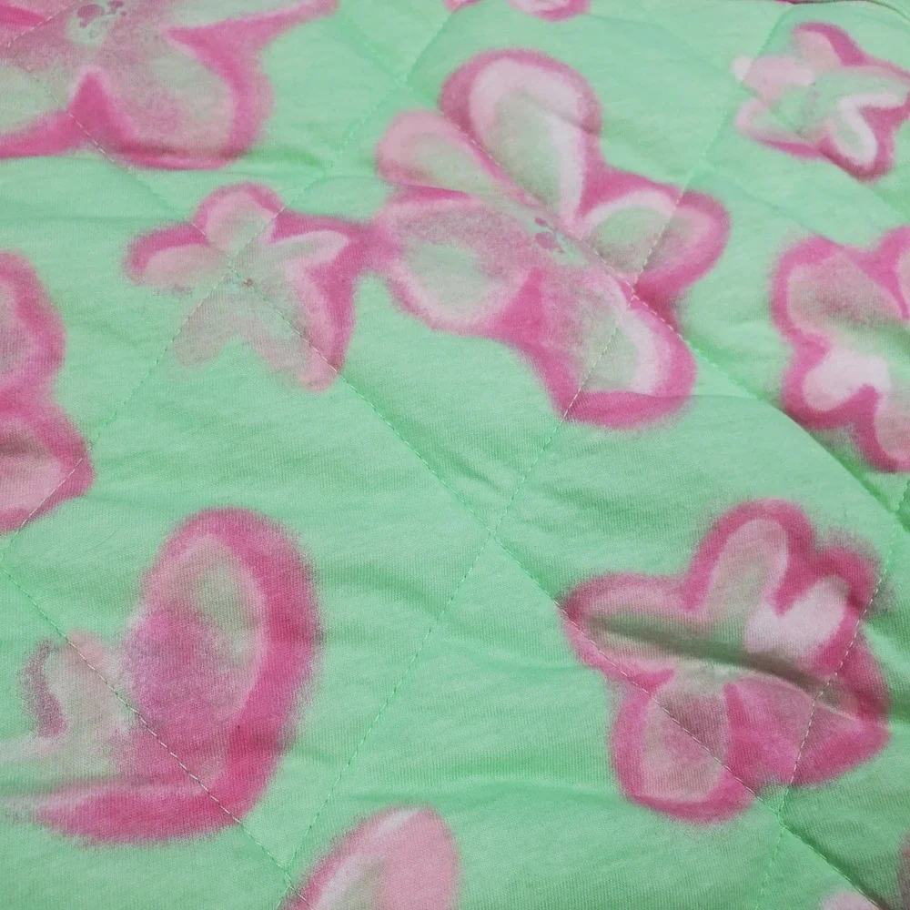 Wild Fable Quilted Hooded Bomber Jacket Womens L‎ Green Pink Floral Art to Wear